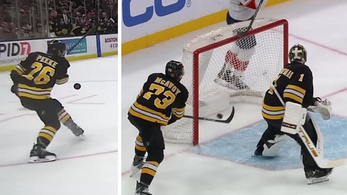 Andrew Peeke (Boston Bruins) trafił do własnej bramki w meczu z Florida Panthers.