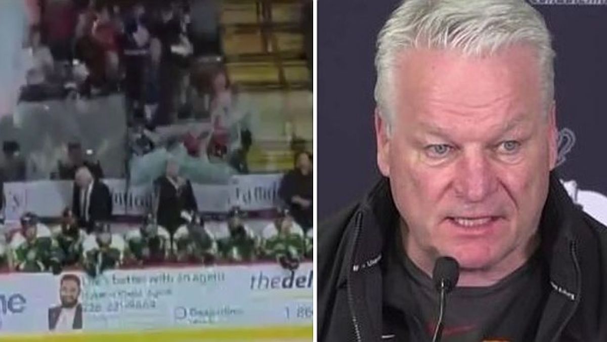 Rozbita pleksiglasowa szyba spadła na trenera drużyny London Knights Dale'a Huntera podczas meczu.