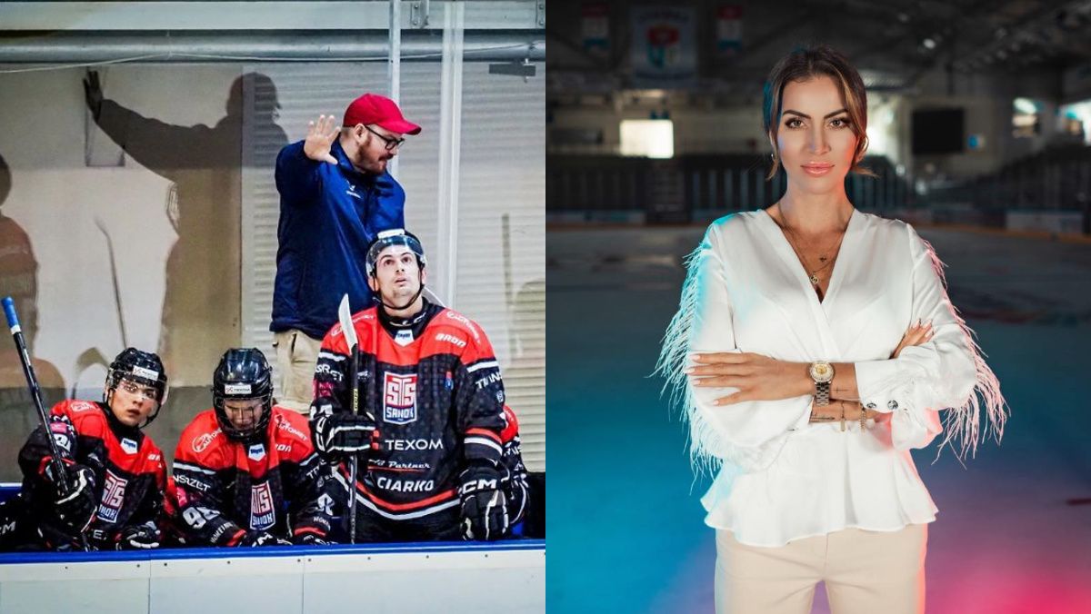 Trener Elmo Aittola i prezes klubu Marta Przybysz.