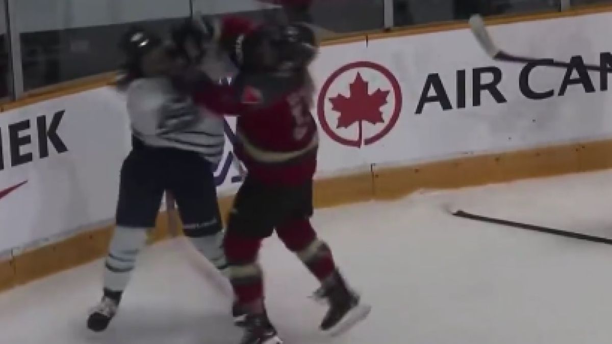Bójka Jill Saulnier (Boston Fleet, biały strój) z Terezą Vanišovą (Ottawa Charge) podczas meczu ligi PWHL.