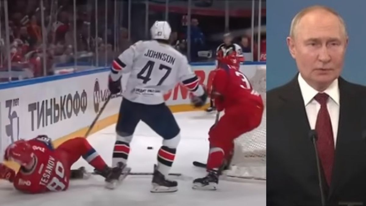 Obraz z meczu Mietałłurg Magnitogorsk-Łokomotiw Jarosław w finale KHL 2024 (z lewej) / Władimir Putin