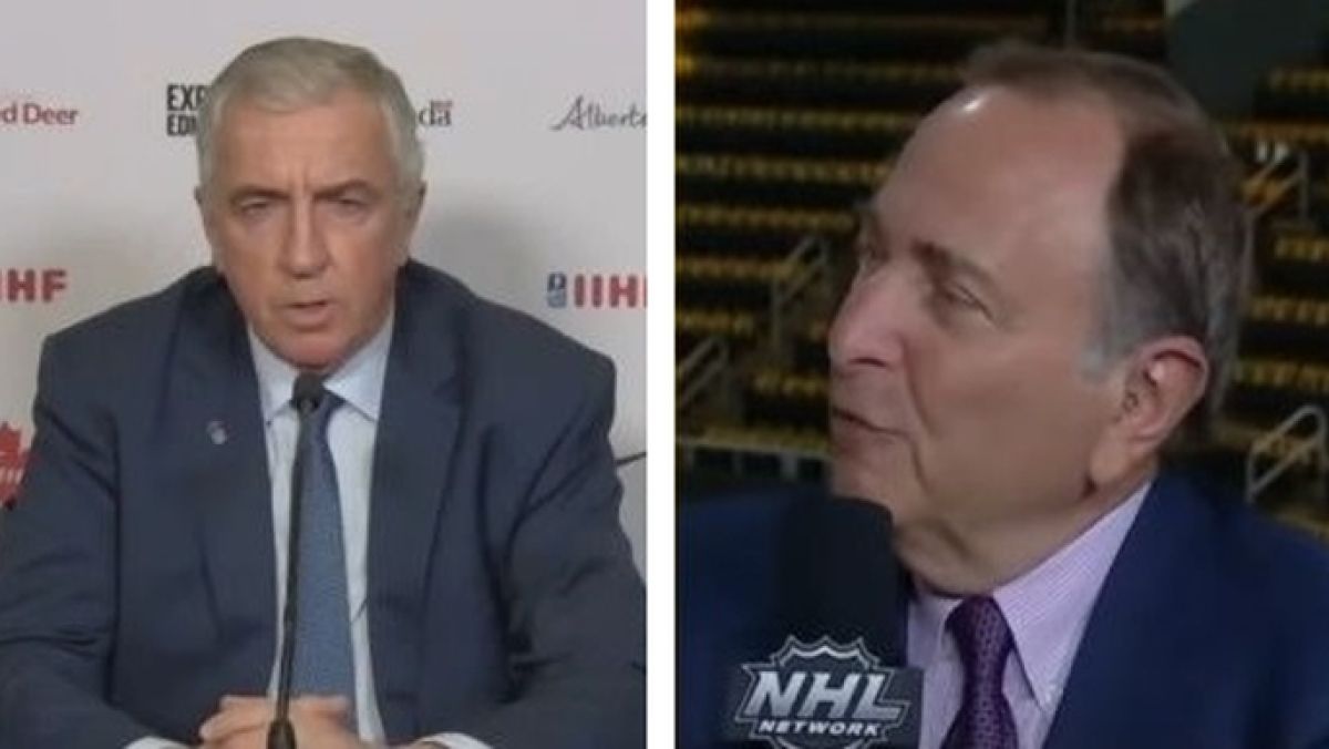 Prezydent Międzynarodowej Federacji Hokeja na Lodzie Luc Tardif (z lewej) i komisarz NHL Gary Bettman.