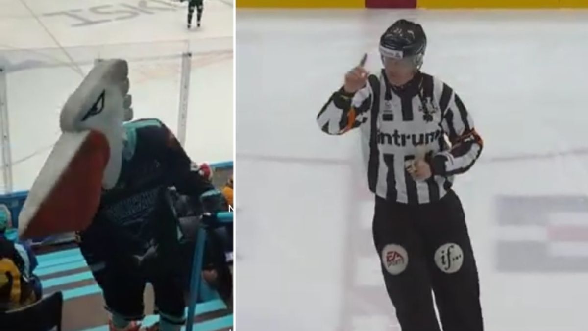 Maskotka klubu Pelicans Lahti / sędzia meczu Pelicans Lahti-Jukurit Mikkeli w playout fińskiej Liigi.