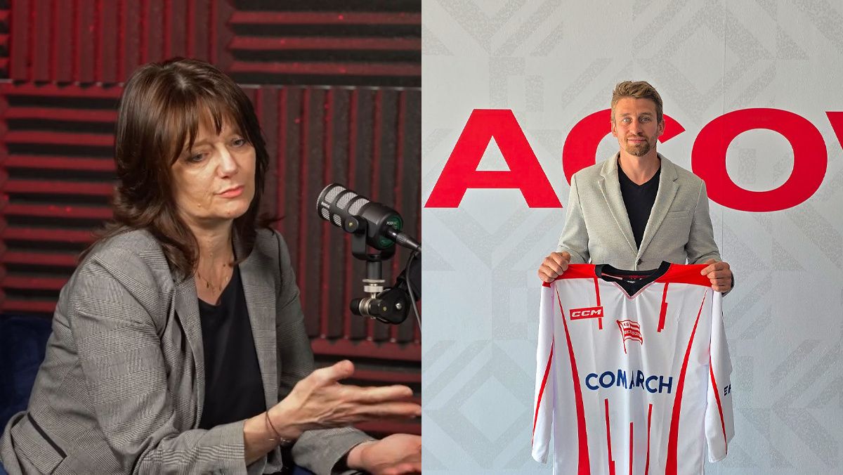 Agata Michalska, prezes Cracovii oraz nowy trener Krystian Dziubiński [foto: Gazeta Krakowska / cracovia-hokej.pl]