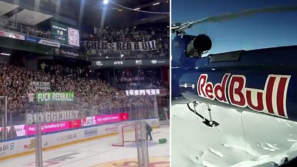 Wspólny protest kibiców przeciwko umowie ligi SHL z Red Bullem podczas meczu Färjestad Karlstad - Rögle Ängelholm.