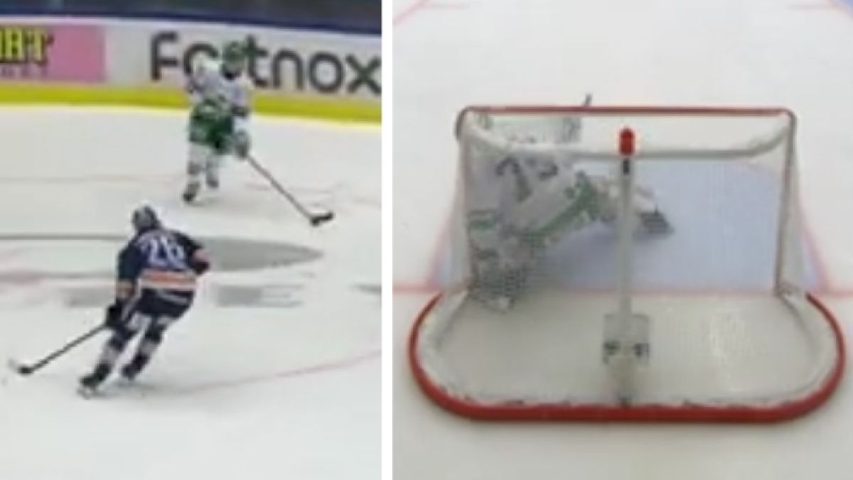 Gregor Biber (Rögle Ängelholm, przy krążku z lewej) do spółki z bramkarzem Arvidem Holmem zaliczyli "samobója" w meczu szwedzkiej SHL.