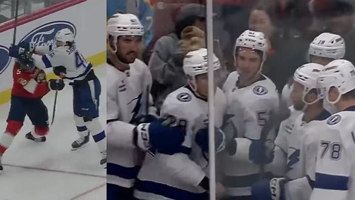 Atak Scotta Sabourina (Tampa Bay Lightning) na Aarona Ekblada (Florida Panthers) / 6 zawodników Lightning w boksie kar