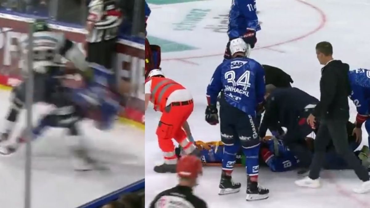 Luke Esposito (Adler Mannheim) został zwieziony z lodu na noszach po ataku Yannicka Veilleux (Eisbären Berlin)